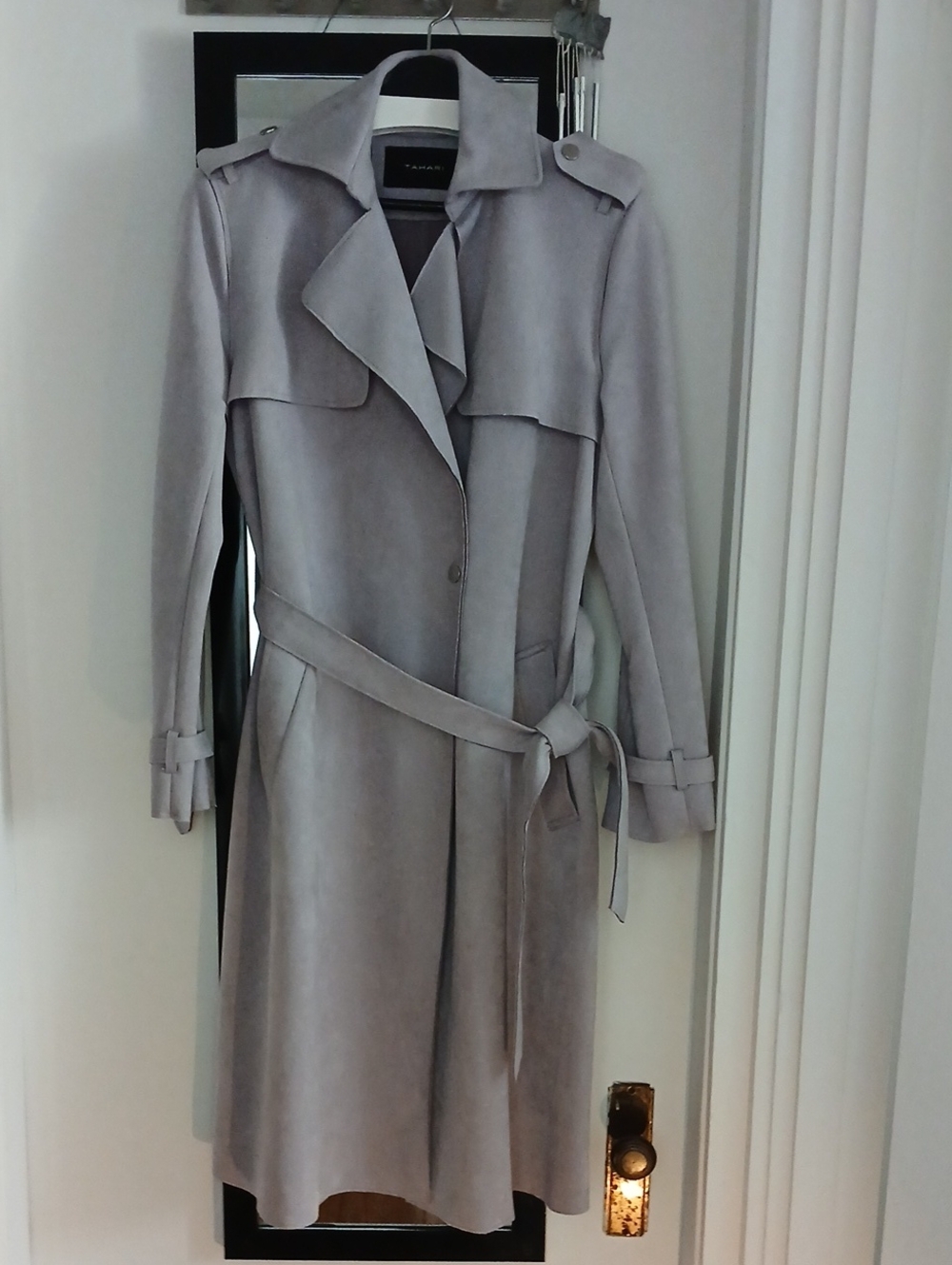Tahari Faux Suede Lavender Trench Coat with Self-Tie Belt